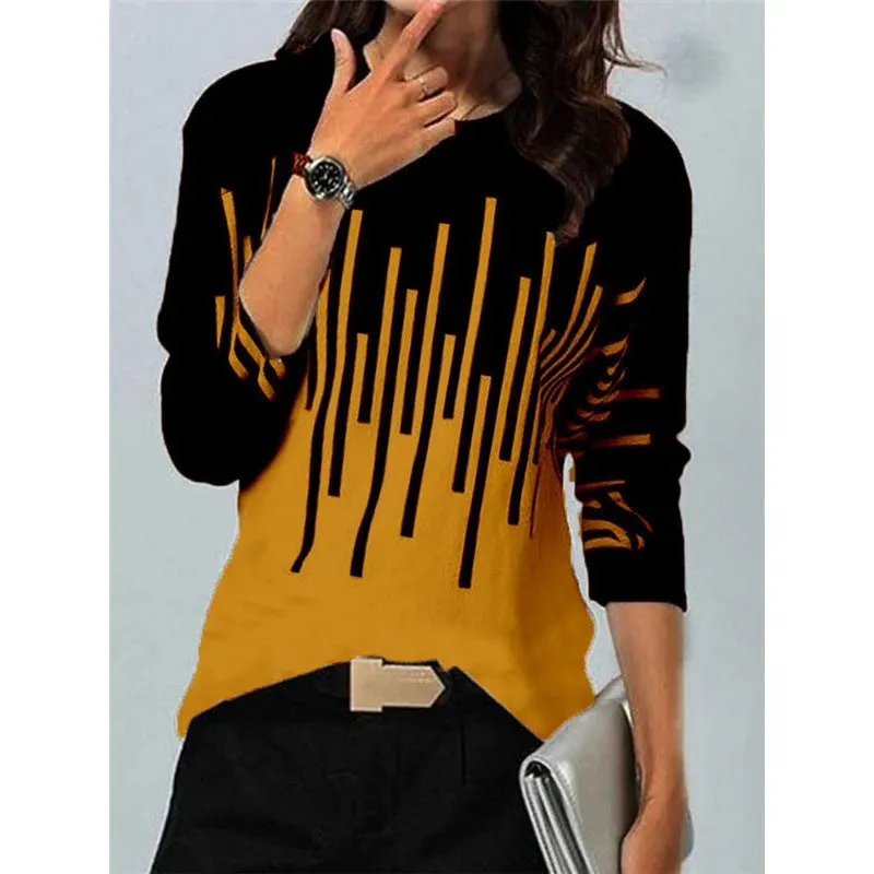 Brownm Loose Color Printed Round Neck Long Sleeve T-shirt