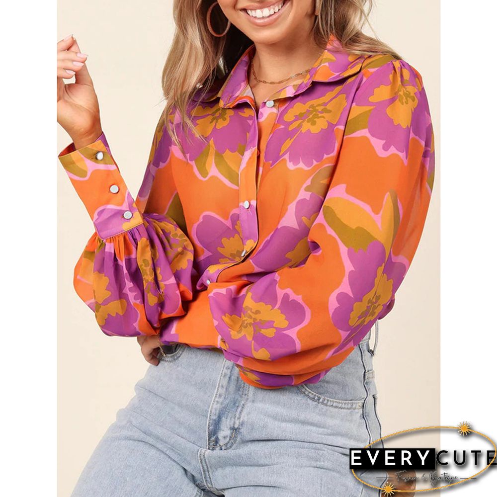Orange Floral Chiffon Lantern Long Sleeve Blouse