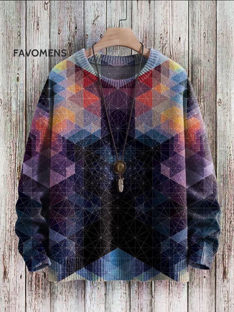 Vintage Geometry Crystal Gradient Art Casual Print Pullover Knitted Sweater Black / S