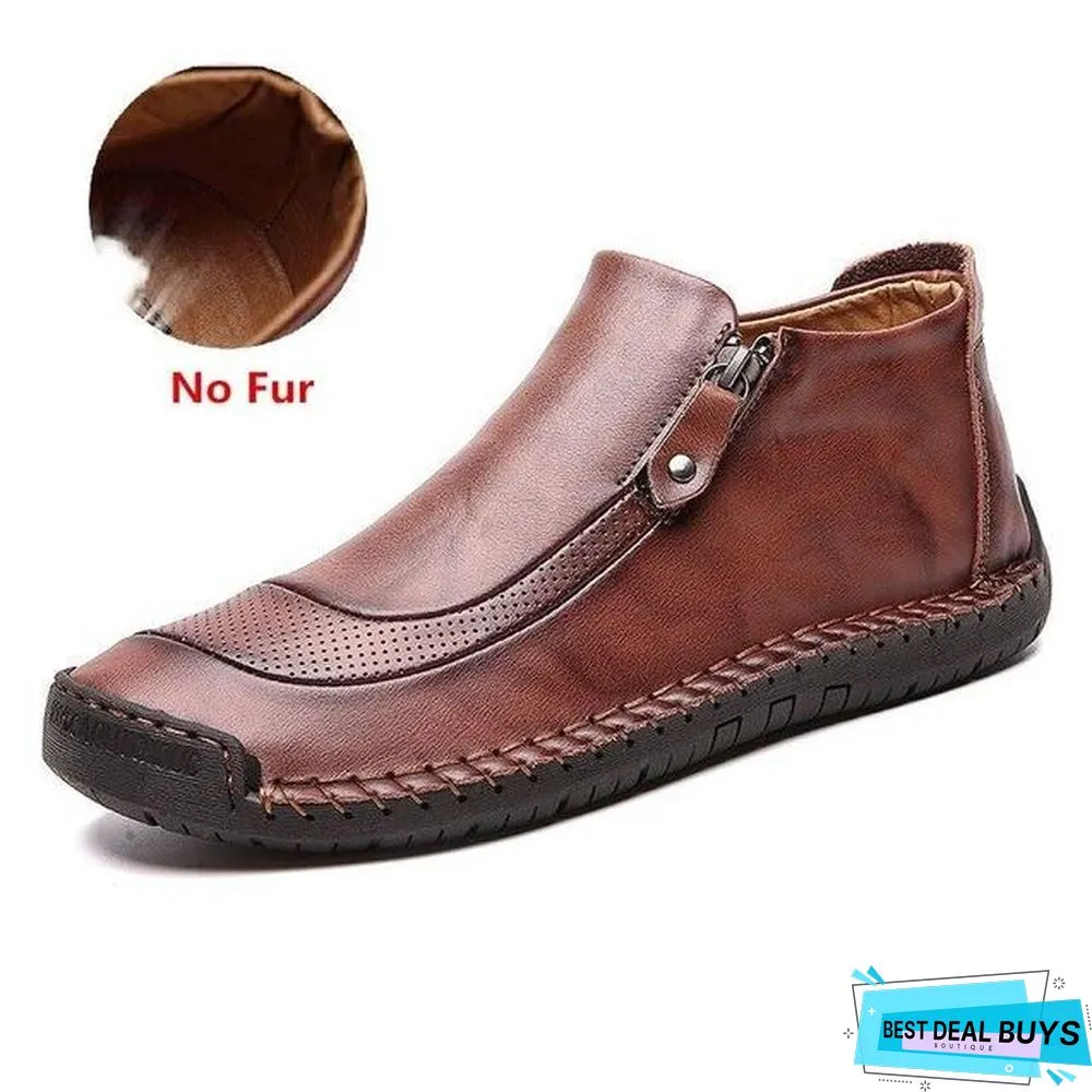 Men Boots Split Leather Ankle Snow Boots Warm Fur Men's Shoes Plush Winter Autumn Driving Shoes
