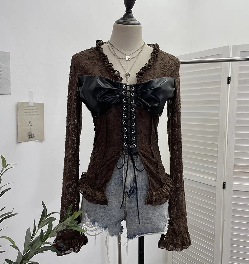Uveng Real Shooting V Tie With Retro 2024 New Hottie Sexy Lace Splicing Pu Skin Hollow Shirt Top 6108