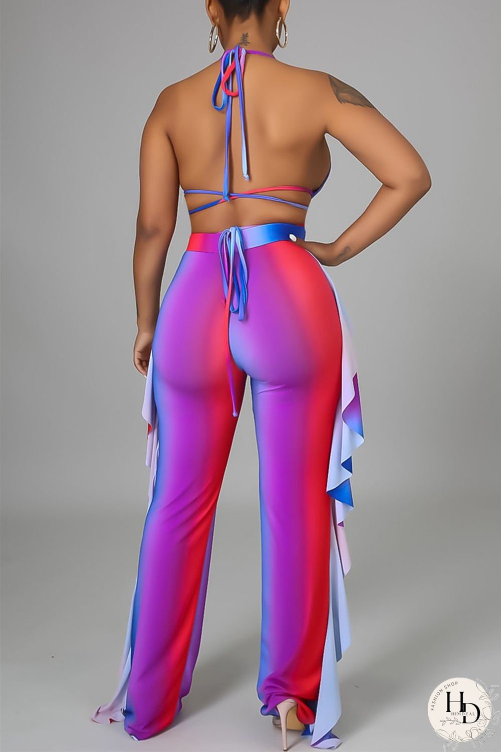 Yellow Fashion Sexy Print Backless Strap Design Halter Sleeveless Three-piece Set