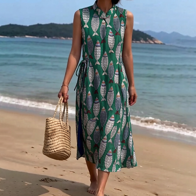 Women's Fish Art Cotton-linen Long Robe Sleeveless Ramie Dress elevenforest