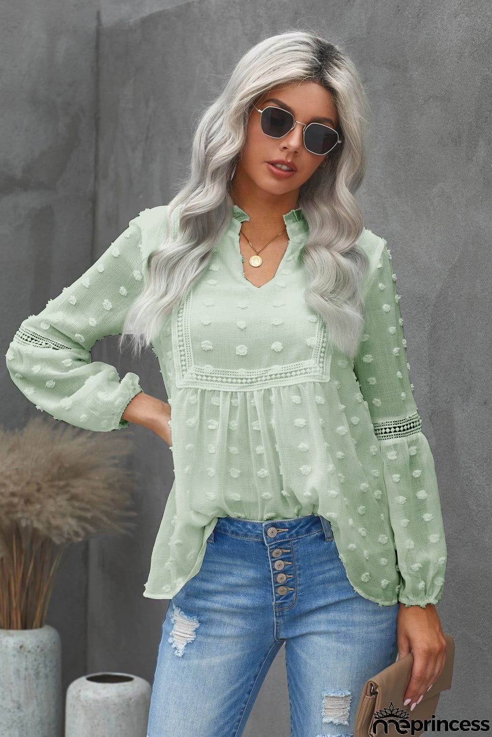 Ruffled Split Neck Lace Hollow Out Puff Sleeve Polka Dot Blouse