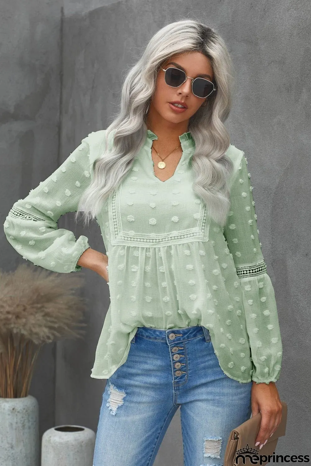 Ruffled Split Neck Lace Hollow Out Puff Sleeve Polka Dot Blouse