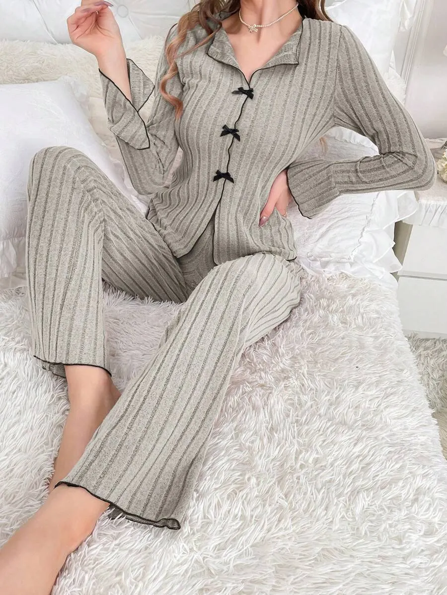 Churchf Pajamas Women Simple Fashion Collar Casual Bow Long Sleeve Trousers Homewear Suit Women