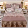 3pcs Retro Ice Silk Bed Skirt Set with Ruffle Wedding Bedspread Mattress Cover with 2 Pillowcases Machine Washable Elegant Home Decoration