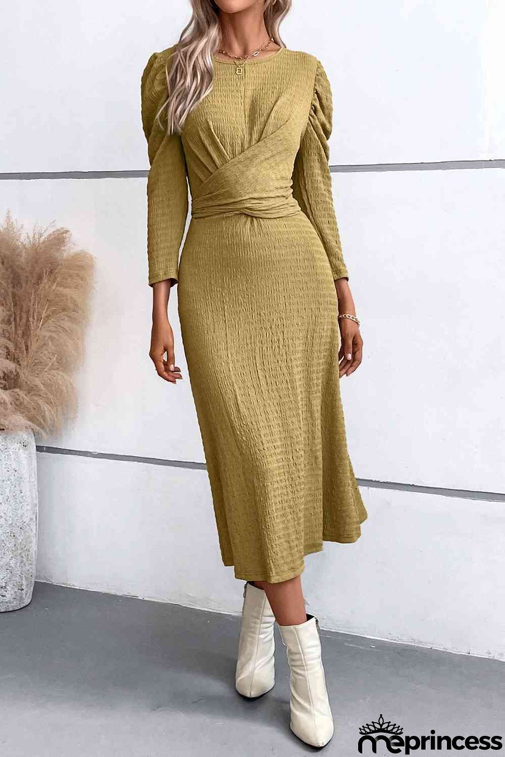 Crisscross Tied Puff Sleeve Dress