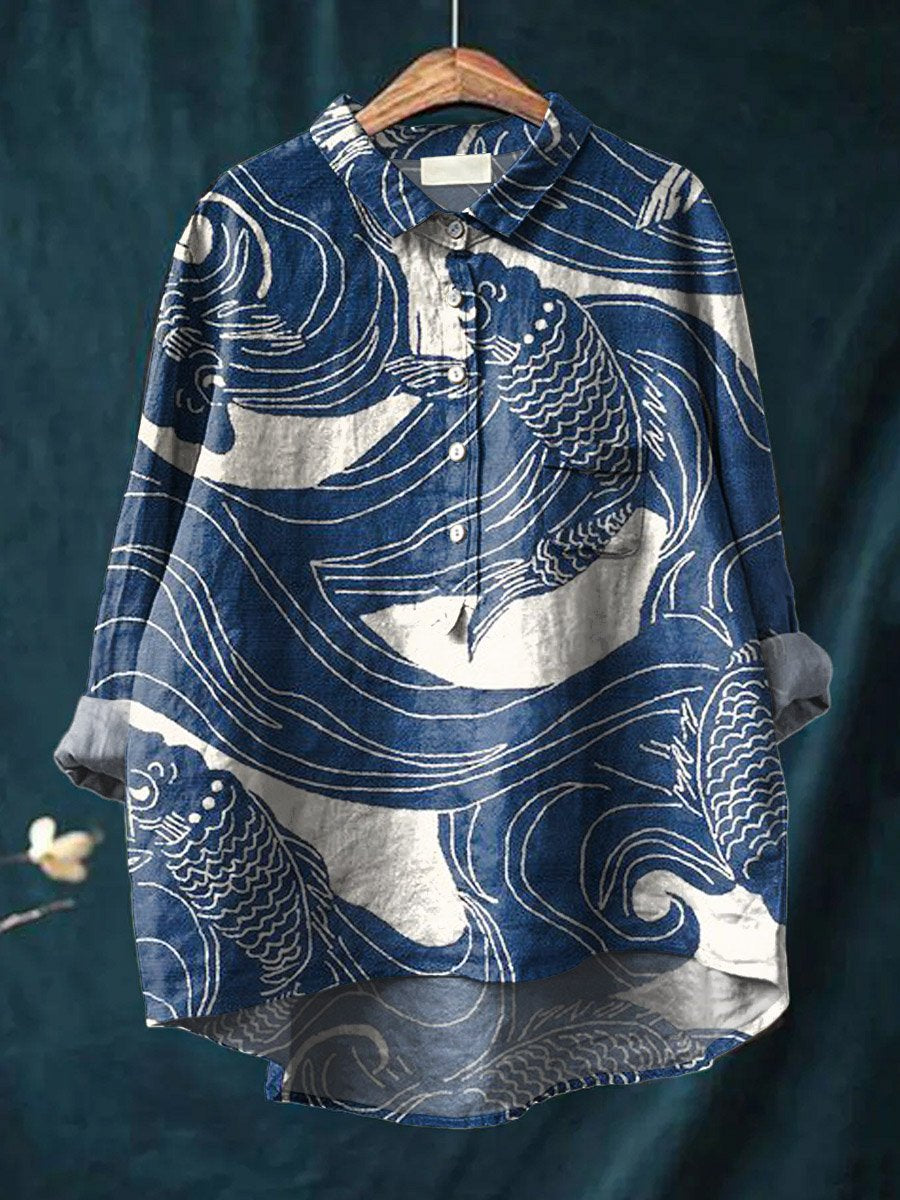 Vintage Lovely Fish Art Print Casual Cotton And Linen Shirt