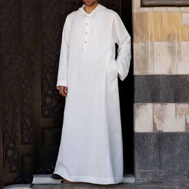 Mens Thobes Simple Long Men's Hooded Shirt Muslim Robe