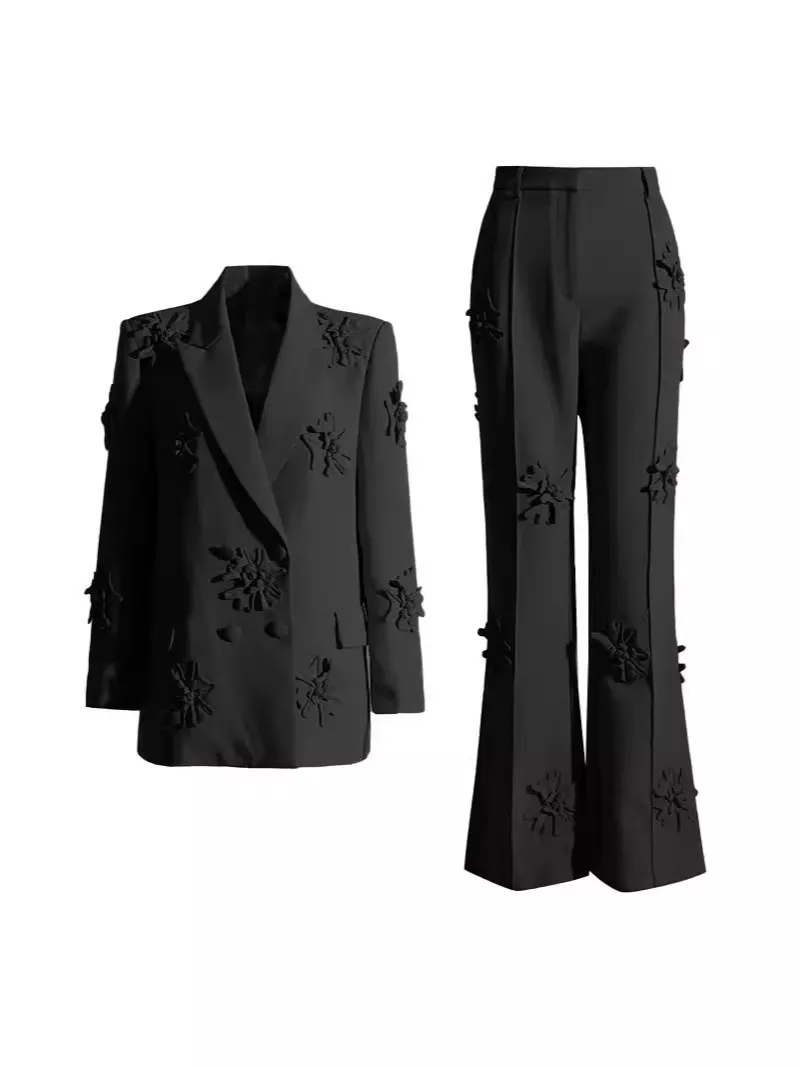 Yyvonne Trend Two-Piece 2025 New Suit Jacket + High-Waisted Micro-Screpe Trousers Three-Dimensional Flower Suit Woman