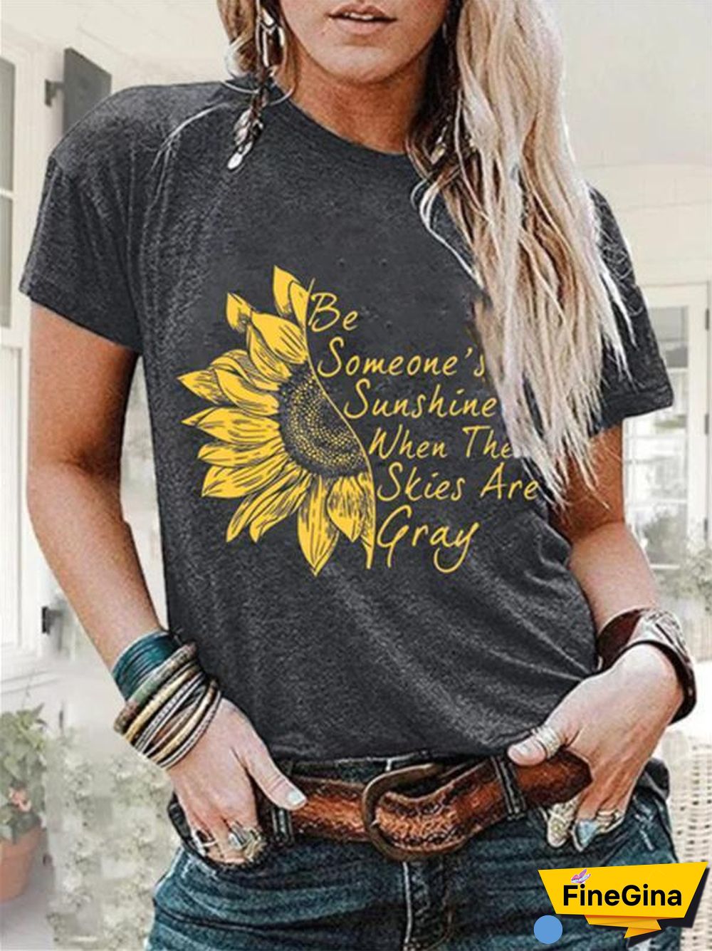 Women Half Sunflower And Letter Printed T-Shirt