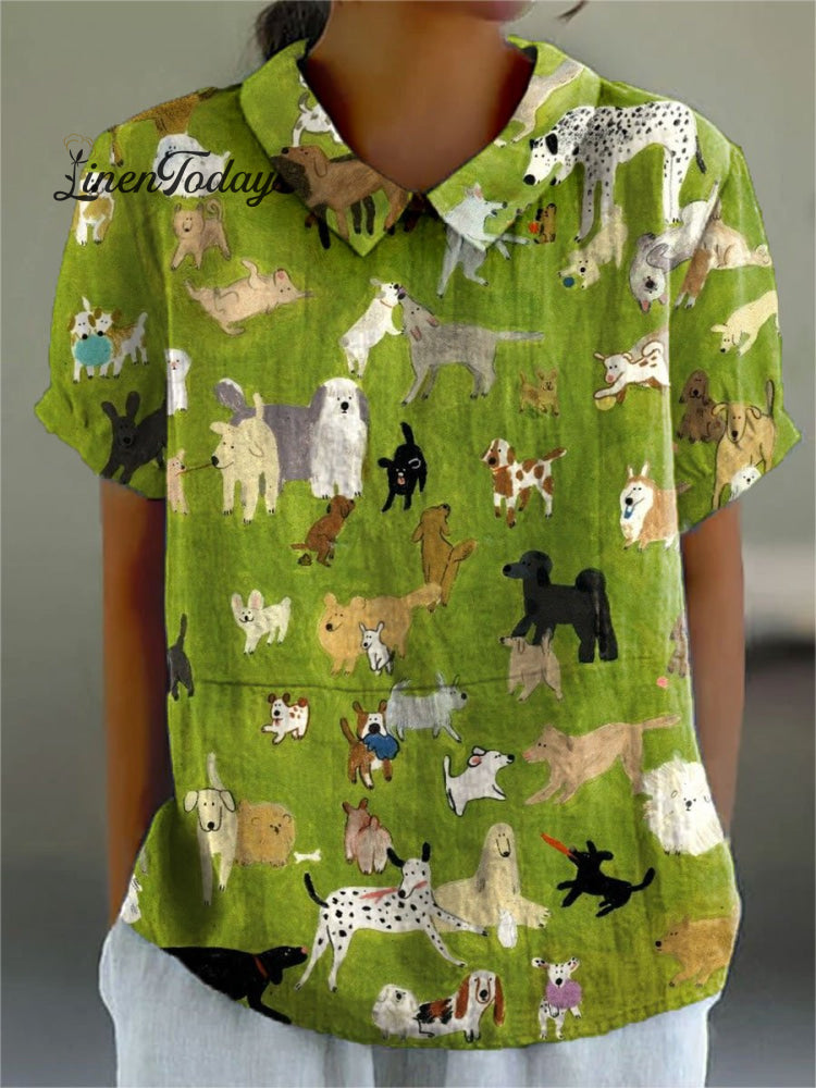 Women&rsquo;s Dog Lover Print Casual Cotton And Linen Shirt Multicolor / S