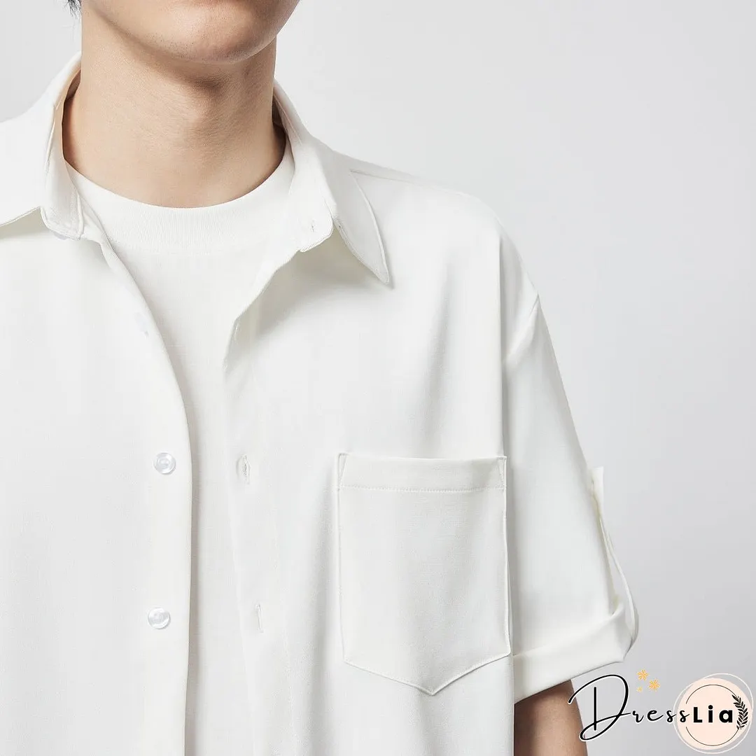 Minimalist Basic Solid Color Short Sleeve Shirt Loose Twill
