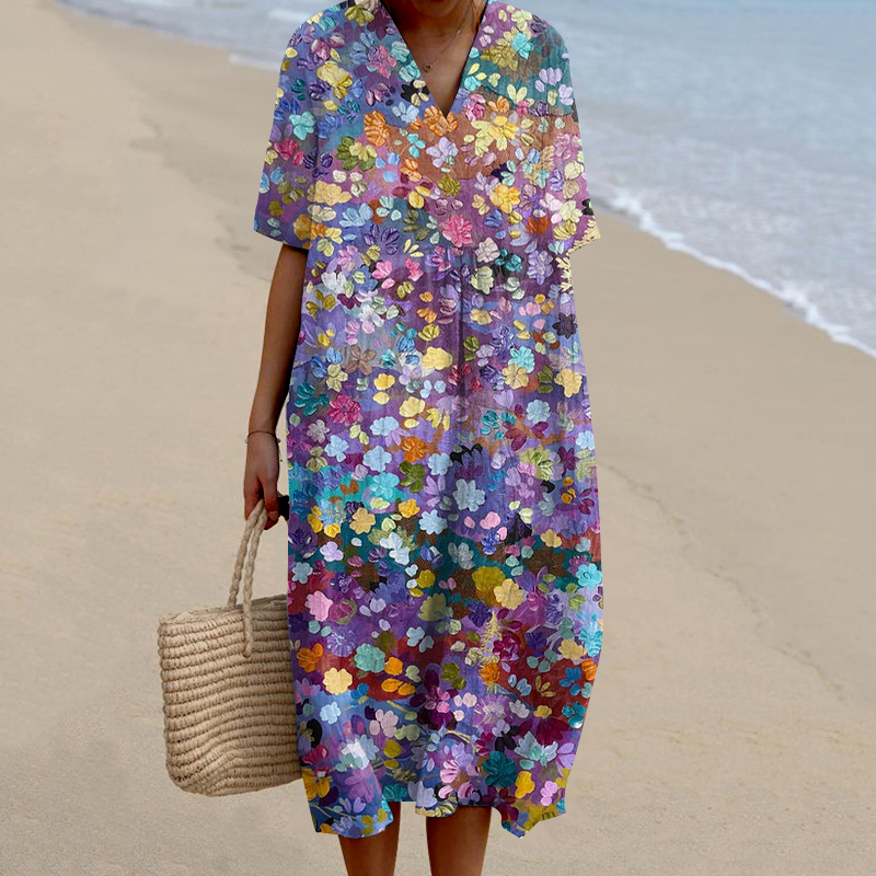 Women's Vintage Colorful Floral Art Print Casual V-neck Dress elevenforest