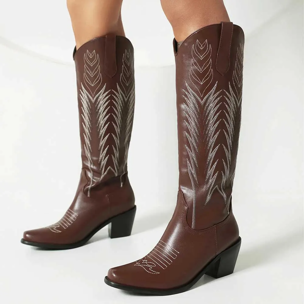 Chic Brown Faux Leather Snip Toe Stitching Pull On Cowgirl Boots