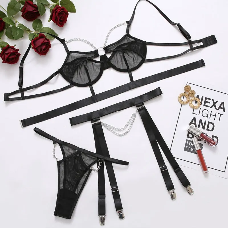 MIRABELLE Sensual Lingerie With Chain Sexy Hollow Out Bra See Through Lace Underwear Thong Set Woman 3 Pieces Exotic Sets