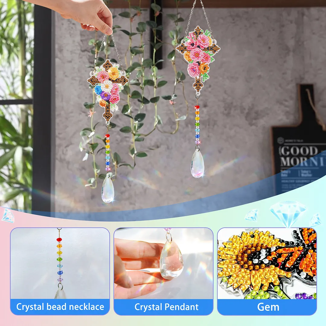 2Pcs Cross DIY Acrylic Diamond Painting Art Wind Chimes with Crystal Pendant Diamond Art Hanging Pendant Double-Sided for Adults Beginners Gift Home Garden Decor