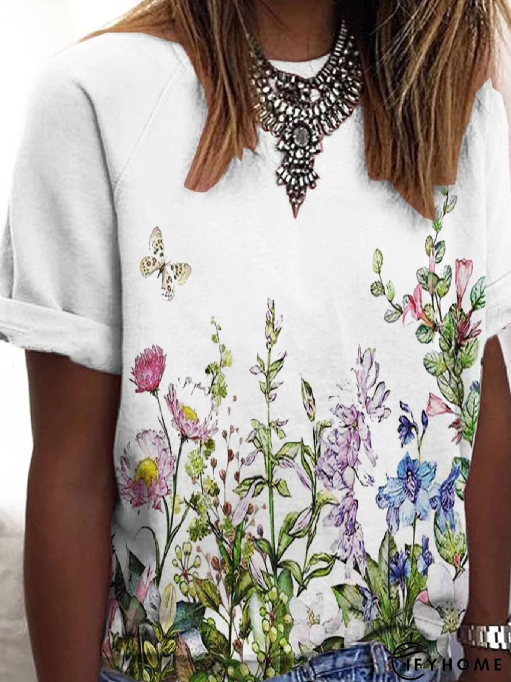 Floral-Print Short Sleeve Cotton-Blend Crew Neck T-shirt | IFYHOME