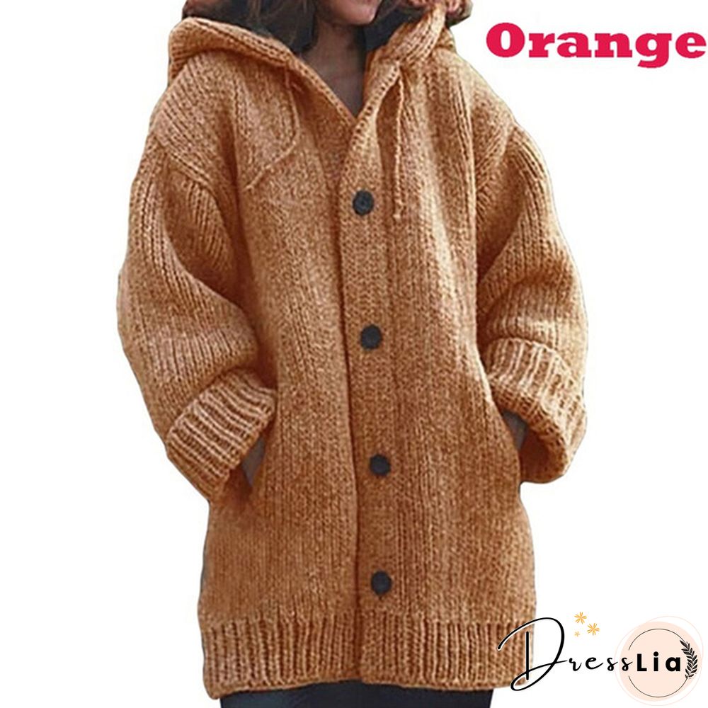 Women Fashion Mid-length Button Up Knitted Cardigan Jackets Ladies Casual Autumn and Winter Hooded Sweater Coats Strickjacke Damen