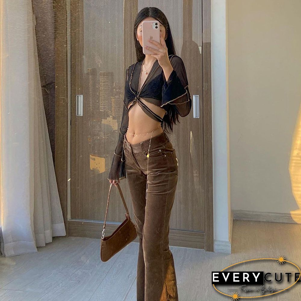 E Girl Aesthetics Bandage Black Mesh Crop Tops Y2K Deep V Neck Flare Sleeve Patchwork T Shirts Sexy Outfits Grunge Clothes