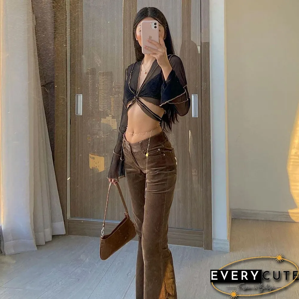 E Girl Aesthetics Bandage Black Mesh Crop Tops Y2K Deep V Neck Flare Sleeve Patchwork T Shirts Sexy Outfits Grunge Clothes