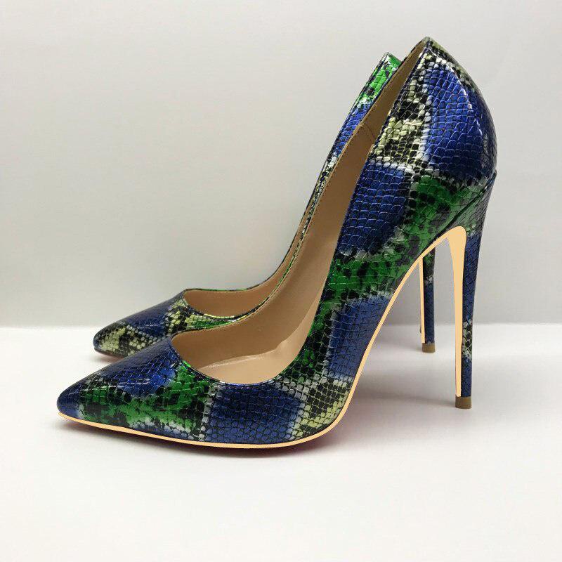 GOOSHOE Snake Pattern Blue Green Women Pumps 12cm High Heels Shallow Thin Heels