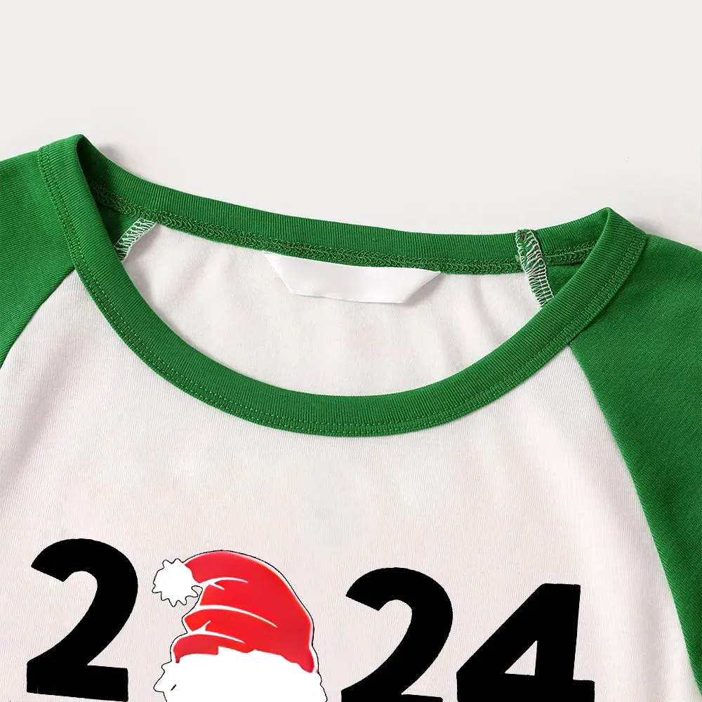 "2024 Family Christmas" Letter Print Green Rotator Cuff Top With Green & Black Plaid Family Matching Pajamas