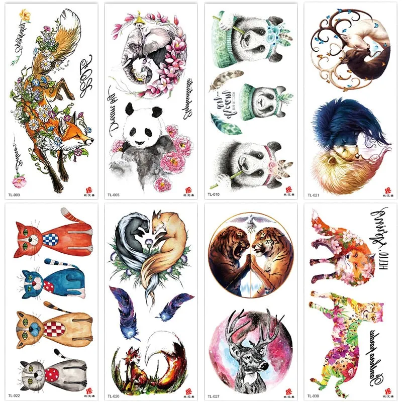 1~8 pieces of animal plants wolf bear bird art tattoo stickers disposable waterproof temporary tattoo stickers for men and women