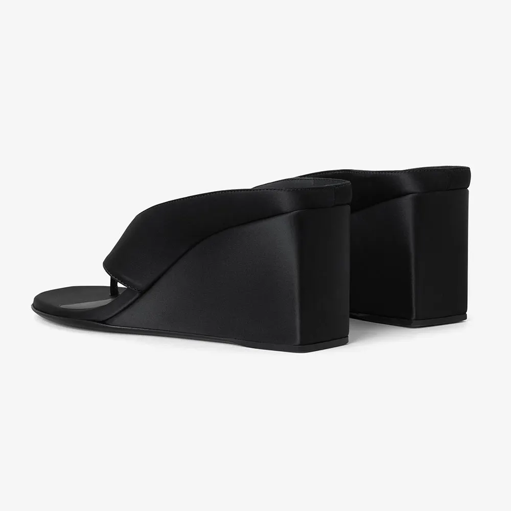 Satin Open Round Toe Flip Flop Classic Black Wedge Sandals