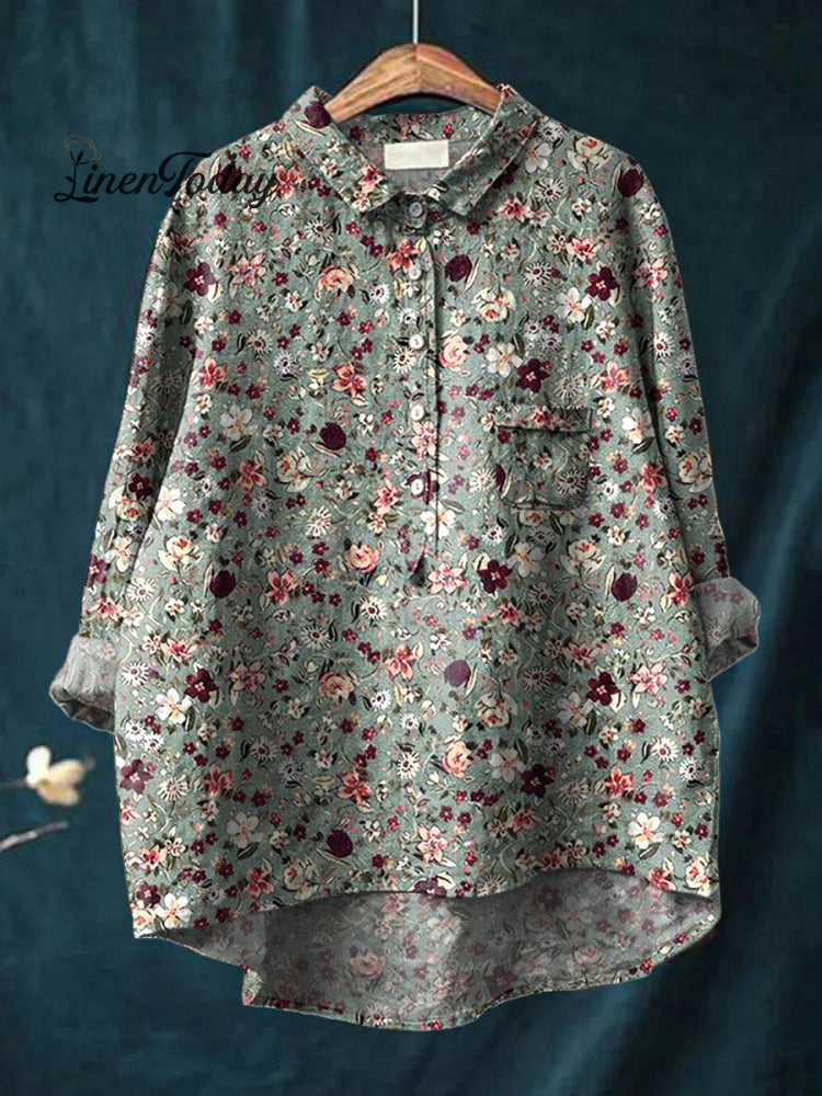 Midnight Small Spring Floral Pattern Printed Women&rsquo;s Casual Cotton And Linen Shirt Multicolor / S