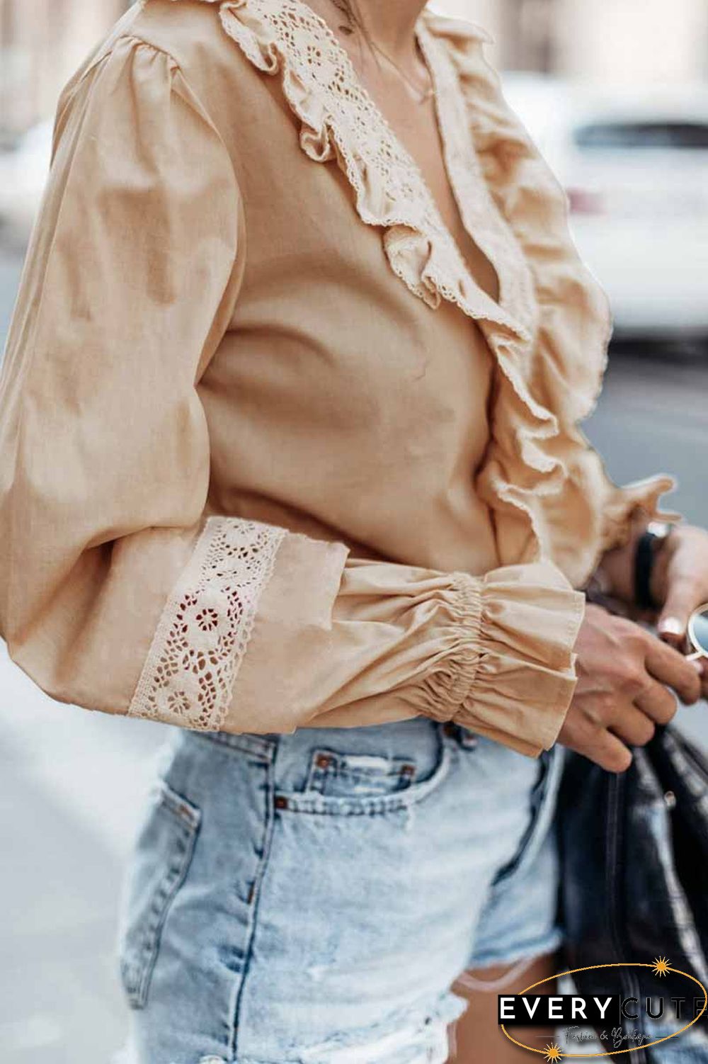 Solid Color Sexy V-Neck Low-Cut Lace Tops