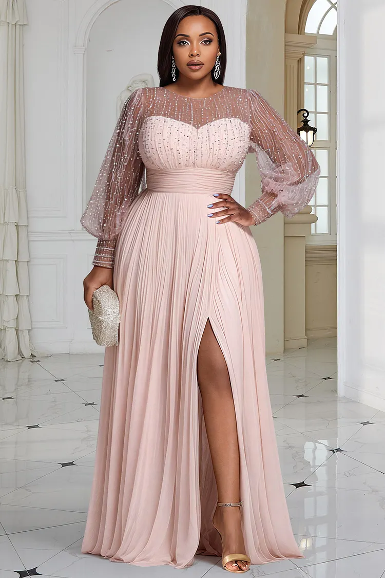Xpluswear Design Plus Size Formal Champagne Round Neck Long Sleeve Split Elegant See Through Sequin Chiffon Maxi Dresses 2024 - Xpluswear