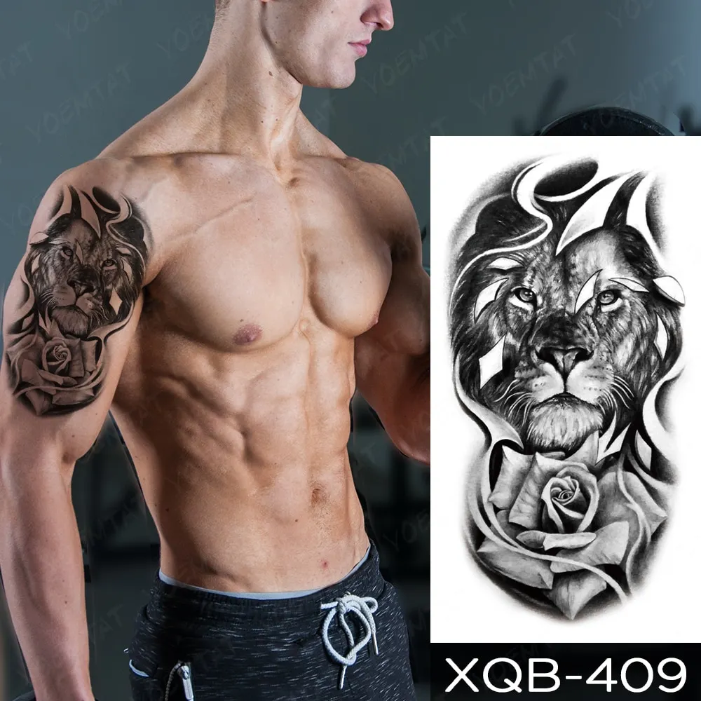 Sdrawing Temporary Tattoo Stickers Fox Lion Tiger Wolf Peony Rose Flowers Leaf Flash Tatto Women Men Body Art Arm Fake Tattoos