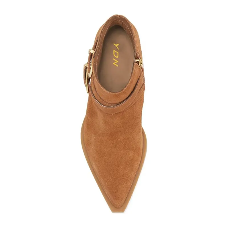 Tan Vegan Suede Pointed Toe Buckle Strap Stacked Heel Ankle Boots