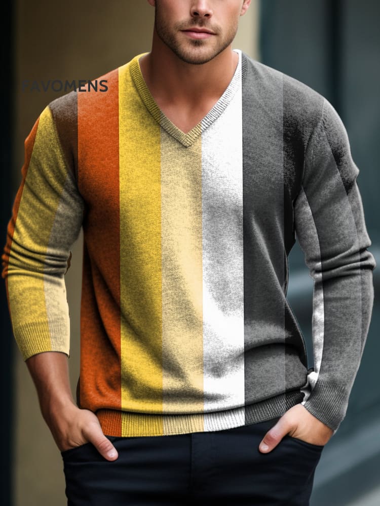 Men&rsquo;s Lgbt Bear Pride Rainbow Print V-Neck Lnit Long Sleeve Sweater Multicolor / S