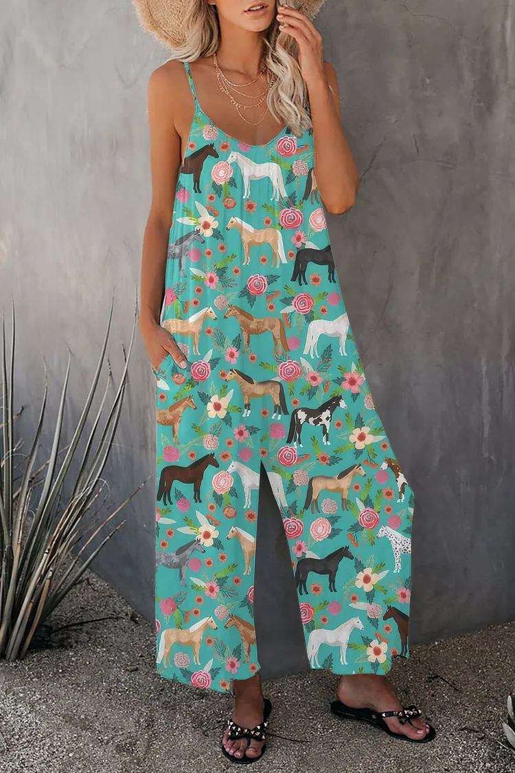 Farm Horse Print Loose Sleeveless Strap Stretchy Jumpsuit With Pockets