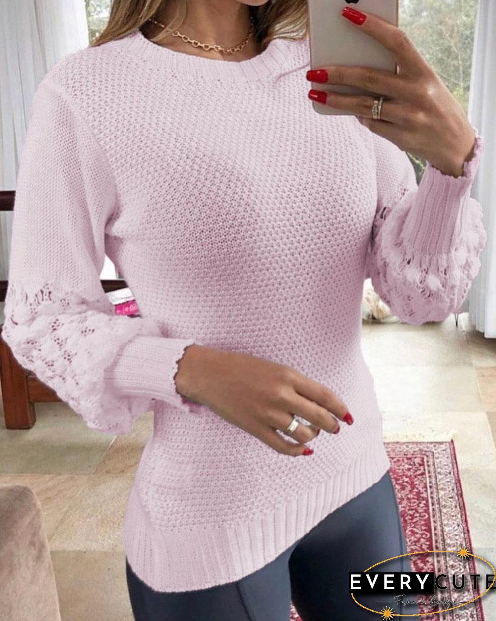 Hollow-Out Knitted Lantern Sleeve Sweater