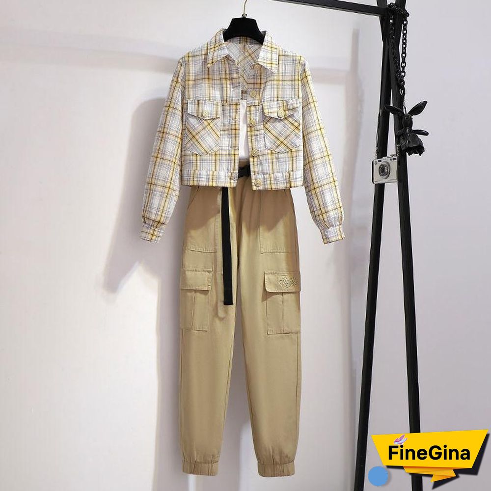 Casual Plaid Jacket+Pocket Pants P10563