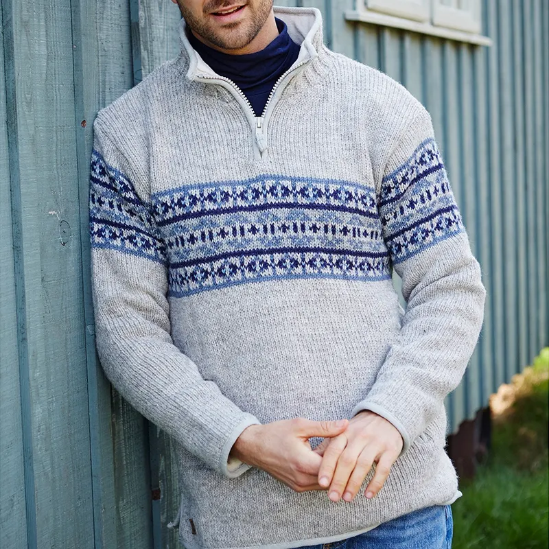 Vintage Warmth Oatmeal Knit Jacquard Icelandic Half Zip Collar Sweater（Unisex ）