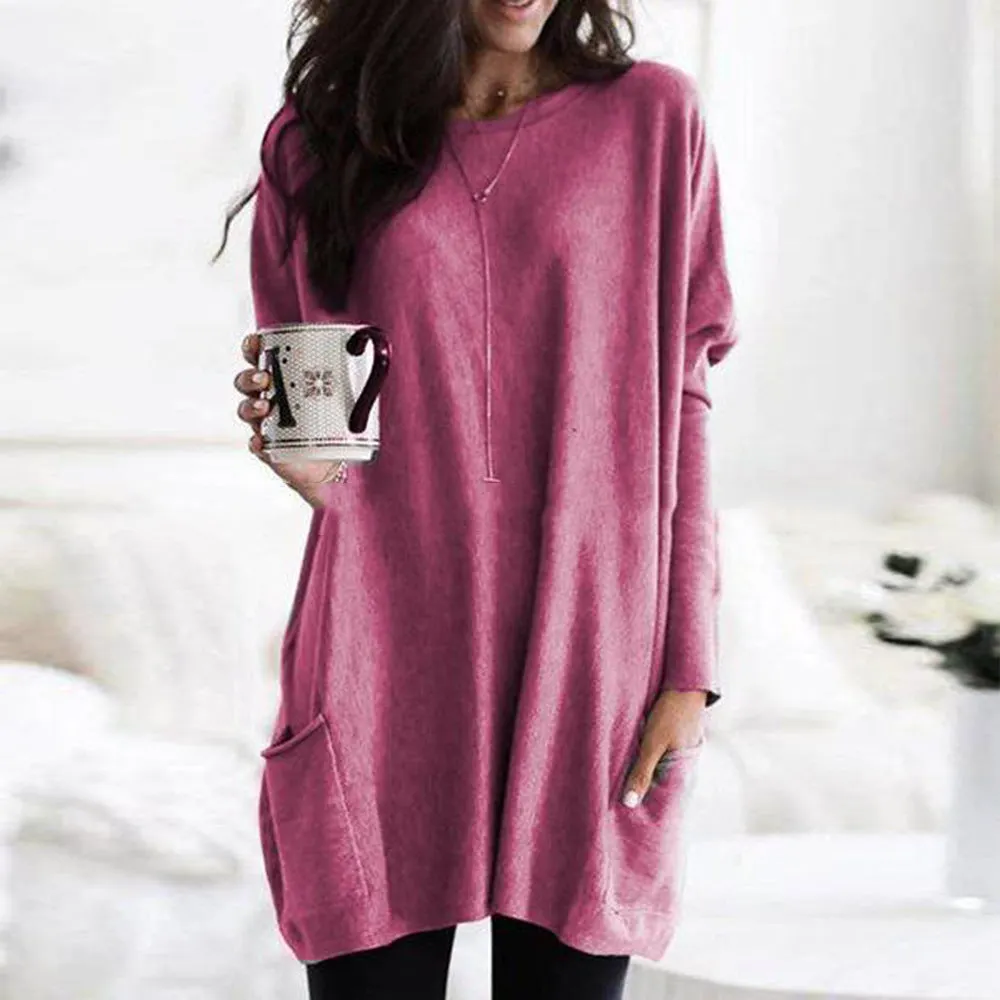Brownm Autumn Pullover Casual Round Neck Long Sleeve Pocket T-shirt Top
