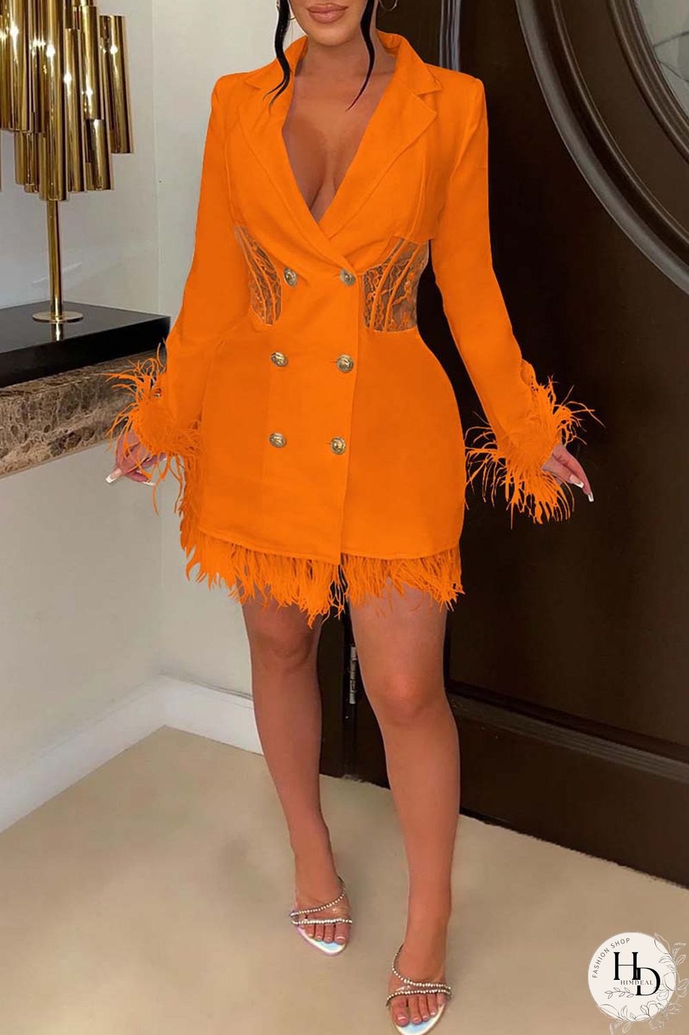 Orange Casual Solid Patchwork Turn-back Collar Long Sleeve Dresses
