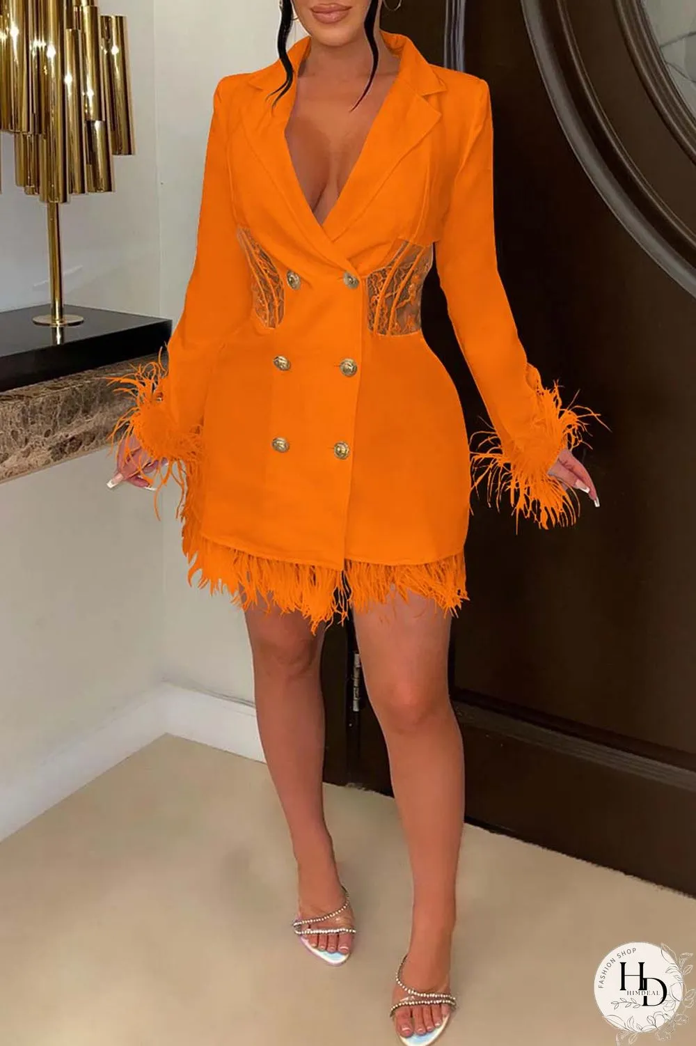 Orange Casual Solid Patchwork Turn-back Collar Long Sleeve Dresses