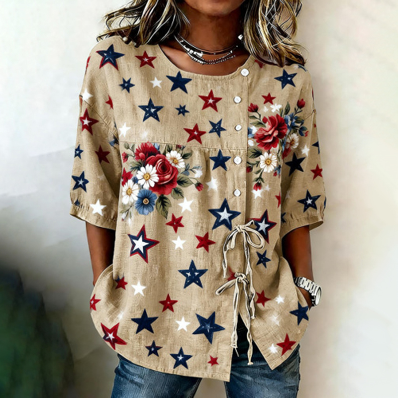 Comstylish Retro Floral Five-pointed Star Print Cotton And Linen Shirt