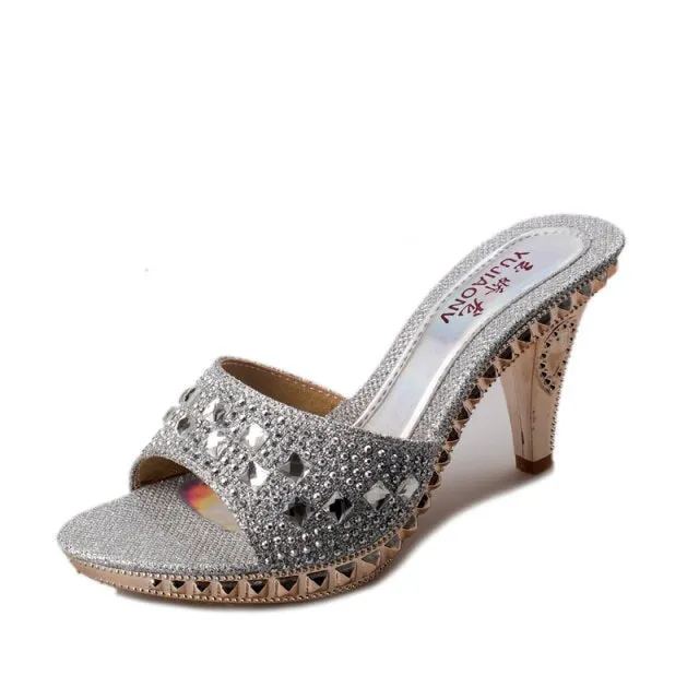 Women Platform High Heels Slippers Bowknot Design Glitter Bling Wedges Sandals Sexy Peep Toe Women Nightclub Party Wedding Shoes