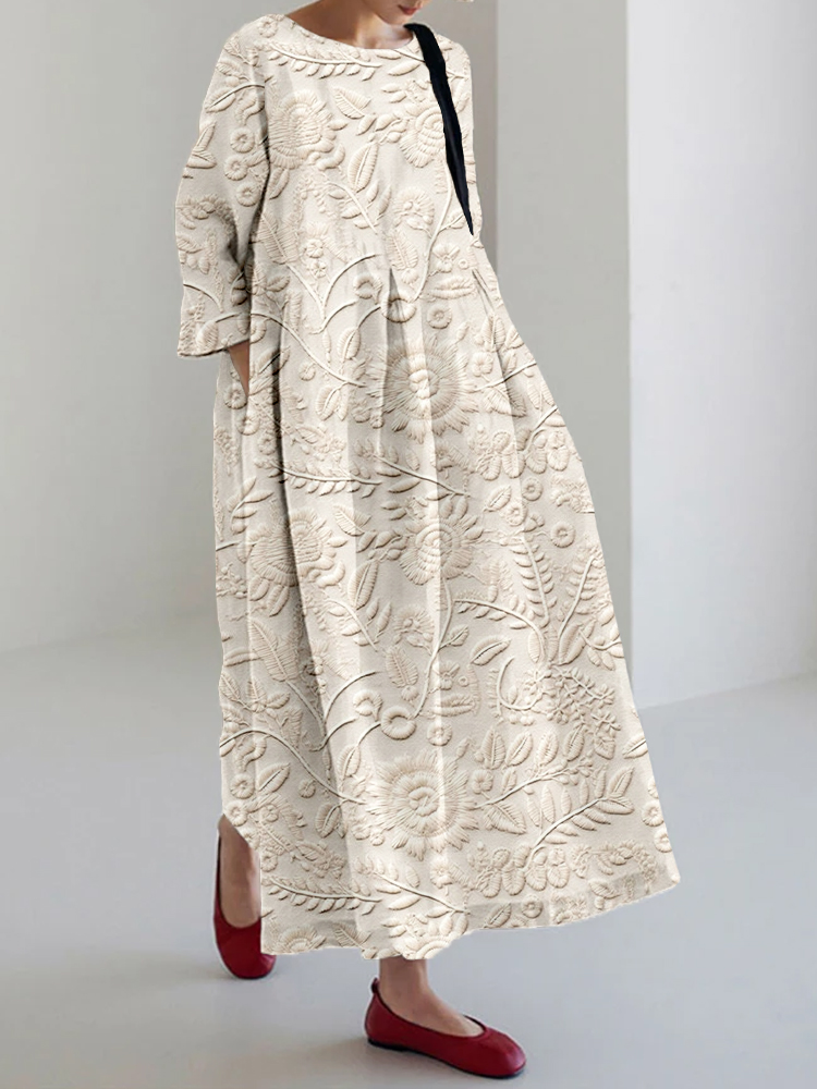 Vintage Floral Embroidered Linen Blend Maxi Dress artswardrobe