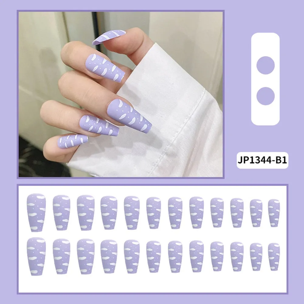 24Pcs Purple Sky White Cloud Press on False Nails Long Ballerina Coffin Matte Frosted Artificial Fake Fingernails Extention Tool-Nail Inspo