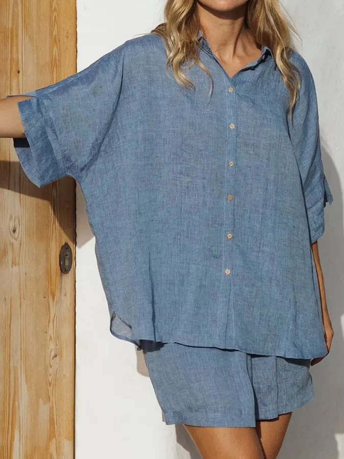 New Lady Spring And Summer Two -Piece Short -Sleeved Loose Casual Shirt And Shorts