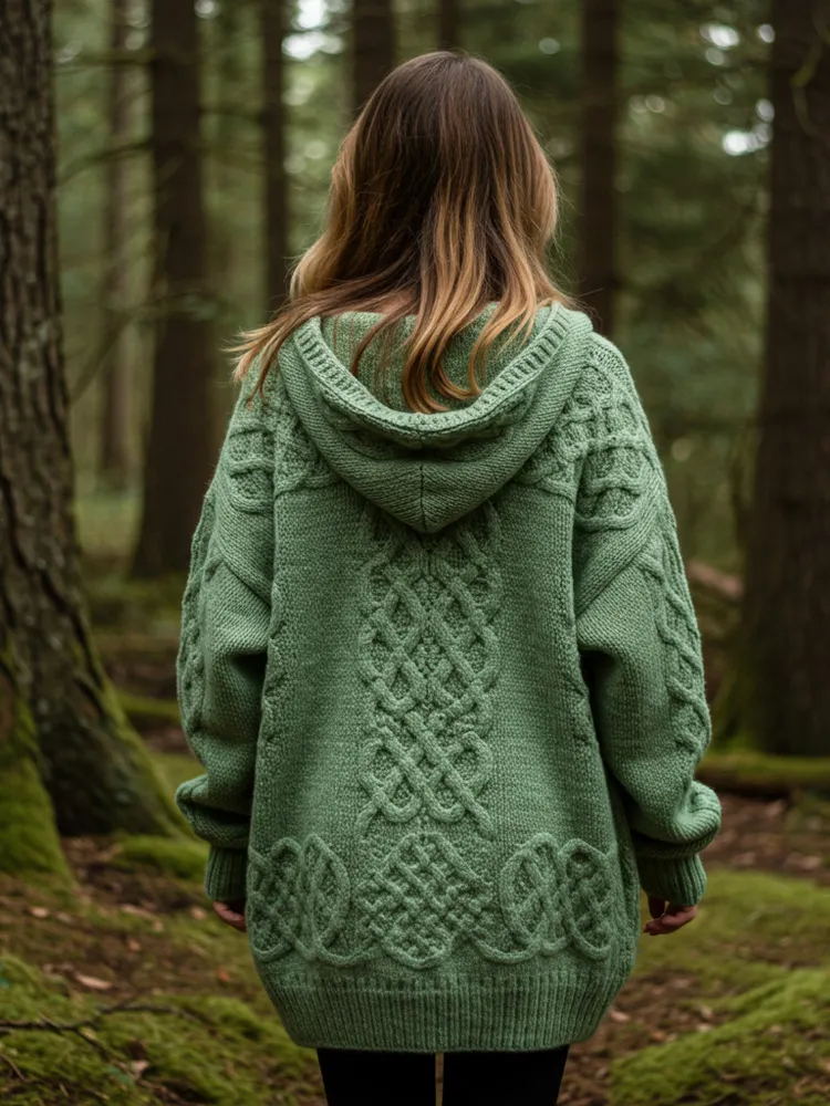 Women's Celtic Knot Gradient Color Cozy Knit Hooded Cardigan