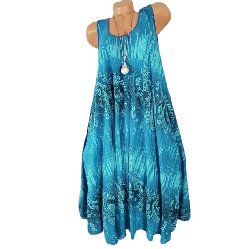 Brownm Temperament Commute Summer Digital Print Sleeveless Round Neck Dress